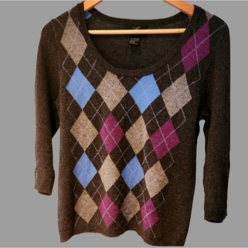 L Pure Cashmere‎ Argyle Pattern Women's Sweater Cozy 3/4 Length Sleeve